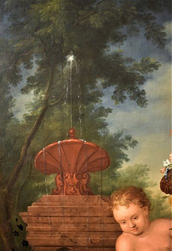 Nature Morte de Fleurs avec Putto et Fontaine dans un  jarden